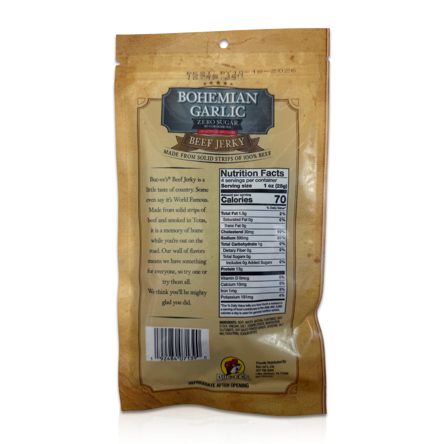 Buc-ee's (Sugar-Free) Bohemian Garlic Beef Jerky - 4 oz